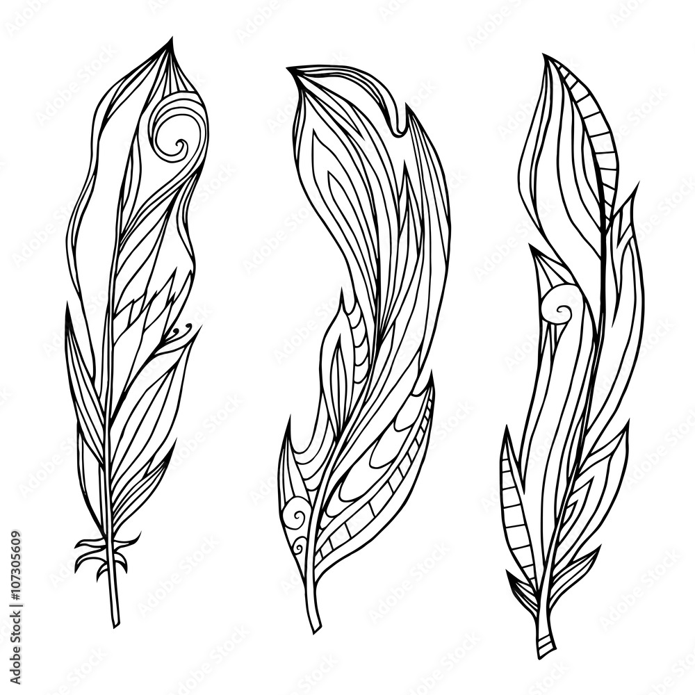 Set of hand drawn feathers with boho pattern. Tribal doodle elements. Vector element for your creativity. Set of hand drawn feathers with boho pattern. Tribal doodle elements. Vector element for your creativity.