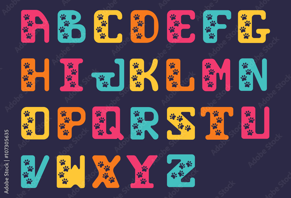 Latin hand drawn Sanserif alphabet font of capital bold letters. Zoo letters. Stylized alphabet with traces of animals. .Font with animal footprints