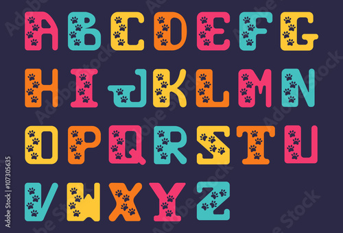 Latin hand drawn Sanserif alphabet font of capital bold letters. Zoo letters. Stylized alphabet with traces of animals. .Font with animal footprints