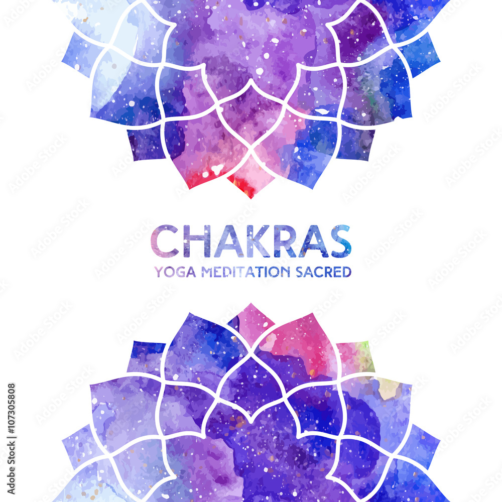 Vector background. Watercolor sahasrara chakra on white background, colorful elements, bright texture. Perfect for yoga, spa, meditation practice, ayurveda invitations, greetings - obrazy, fototapety, plakaty 