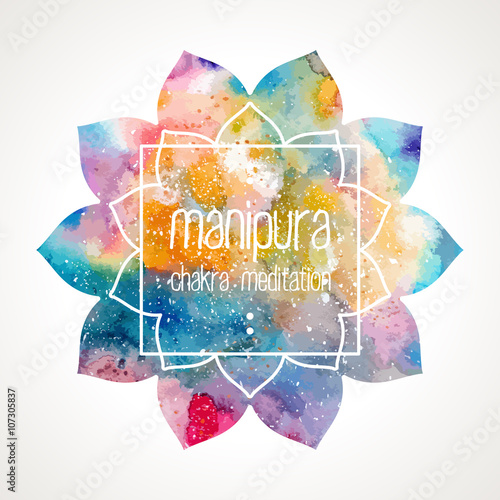 Chakra Manipura flower icon, ayurvedic symbol and frame for text. Watercolor bright texture. Frame and text edited in vector