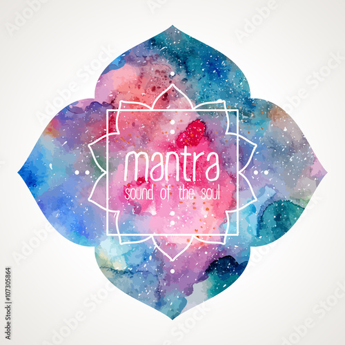 Flower oriental frame. Watercolor texture. Indian asian style. Frame and text edited in vector