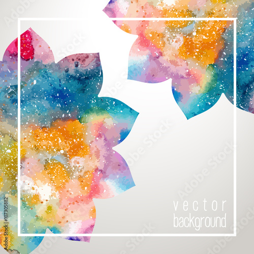 Watercolor yellow and blue abstract flowers and white frame and place for text. Fairytale festive background in vector