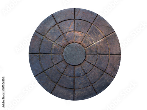 Rusty circle iron manhole cover isolated on white background