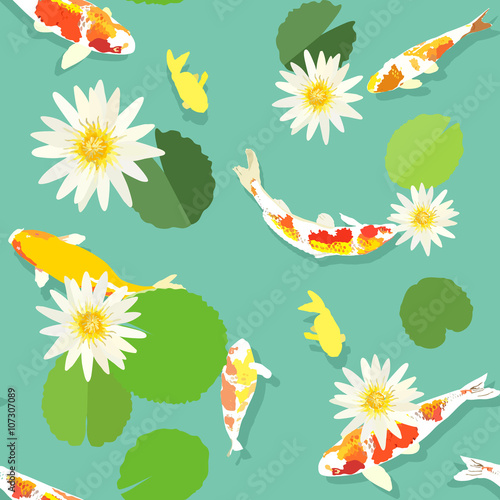koi fish and white lotus pattern  seamless background  vector