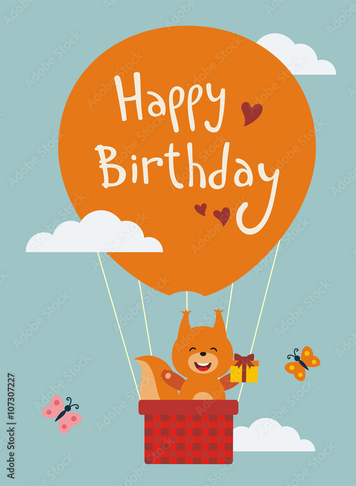 Happy birthday! Funny squirrel flying on balloon with birthday gift in  hand. Happy birthday card. Stock Vector | Adobe Stock