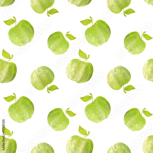 Seamless pattern with green hand-drawn apples on white background