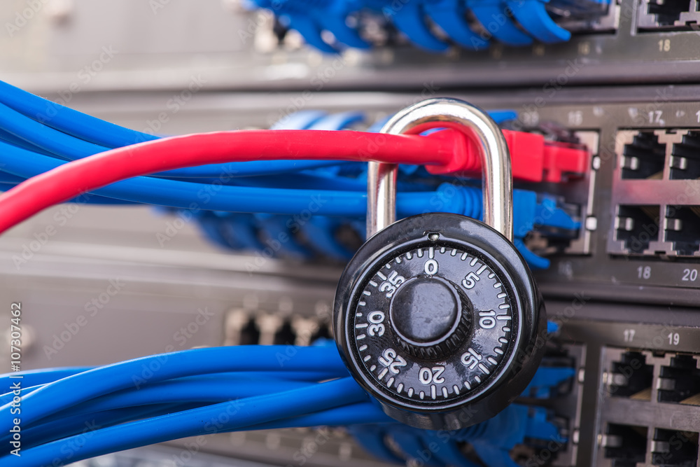 network and data protection concept with padlock and switch network and data protection concept with padlock and switch