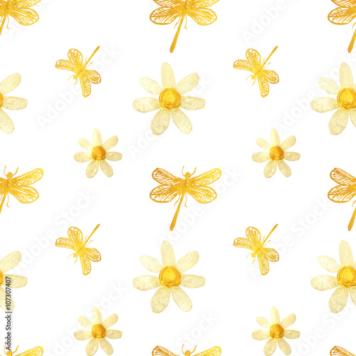Hand-drawn with paints pearly chamomile and gold dragonflies on white background, seamless pattern © mila_1989