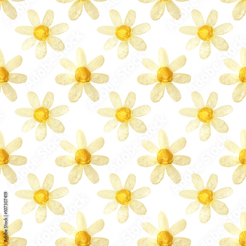 Hand-drawn with paints pearly chamomile on white background, seamless pattern