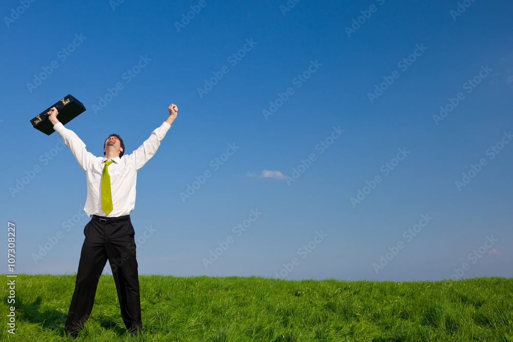 happy businessman with suitcase outdoor in a sunny day happy businessman with suitcase outdoor in a sunny day