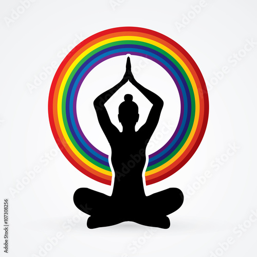 Yoga Sitting pose with rainbows graphic vector.