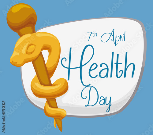 Golden Rod of Asclepius with a Sign for World Health Day, Vector Illustration