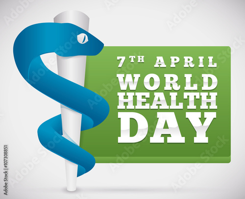 Rod of Asclepius with a Button for World Health Day, Vector Illustration