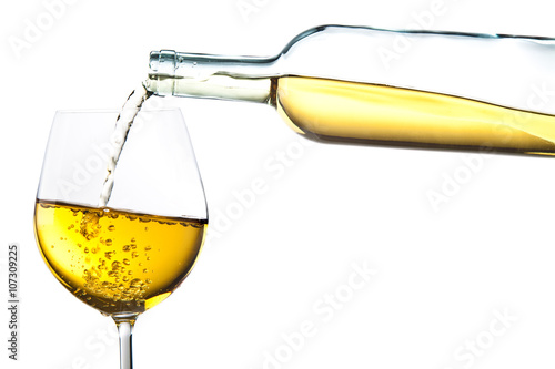 elegant white wine bottle pour glass isolated on white