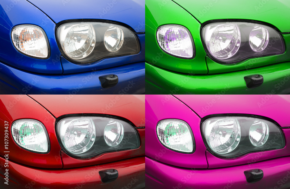Collage of different car lights. Four photos.
