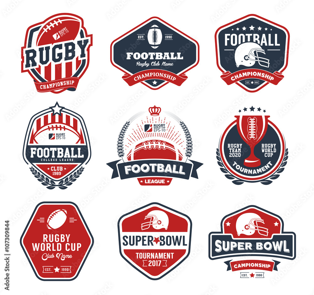 Fototapeta Kolorowe logo rugby wektor zestaw, szablon logo odznaka piłki nożnej