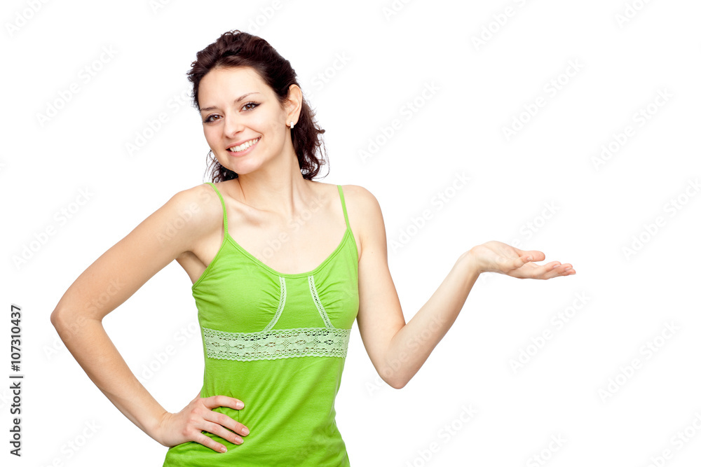 beautiful young brunette girl show product with hand isolated on white beautiful young brunette girl show product with hand isolated on white