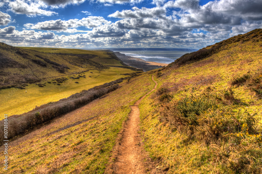 Path to Sandymouth coast North Cornwall England UK in colourful HDR