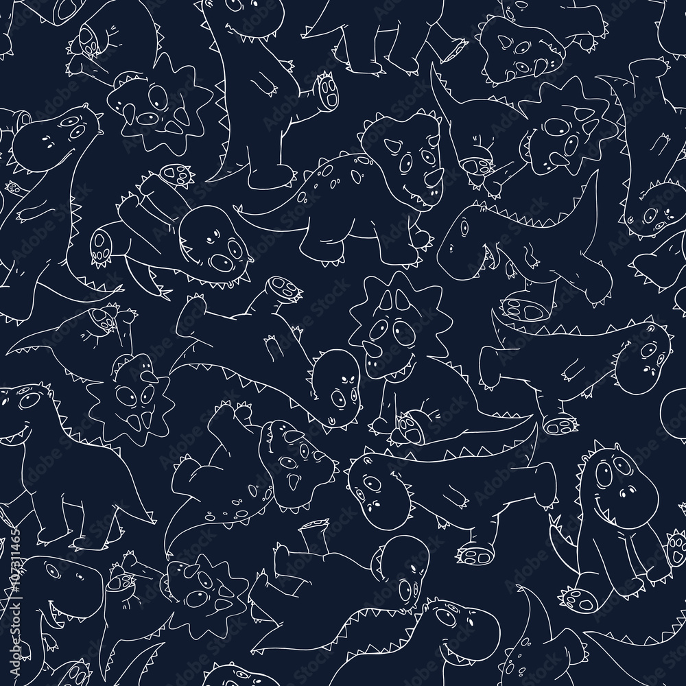 Vector seamless cute hand drawn childish fantasy little dinosaur pattern on dark background, silhouettes, outline Vector seamless cute hand drawn childish fantasy little dinosaur pattern on dark background, silhouettes, outline