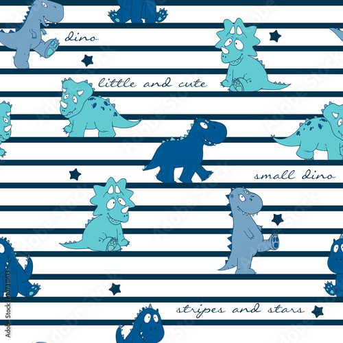 Wallpaper Mural Vector seamless cute hand drawn childish fantasy little dinosaur pattern with stripes with stars, words Torontodigital.ca