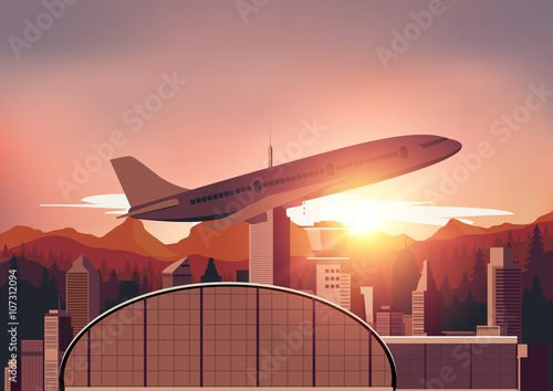 Airport illustrator with sunset background