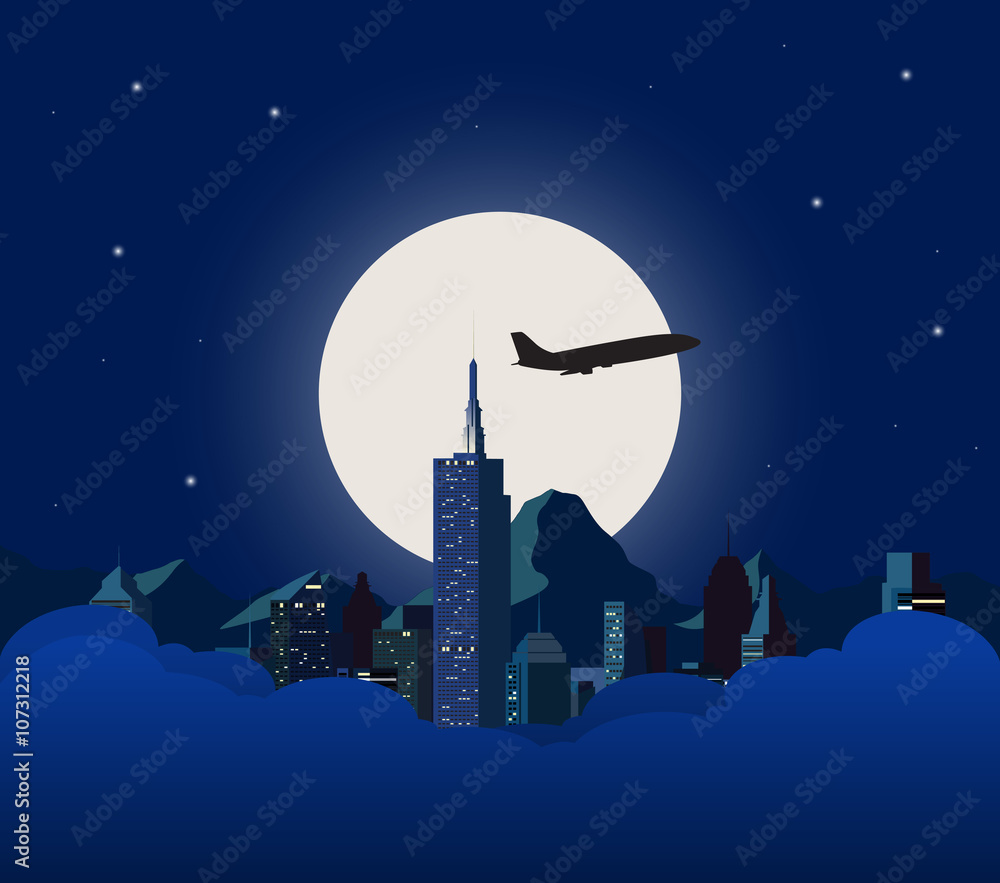 Night city with white moon. Night city with white moon.