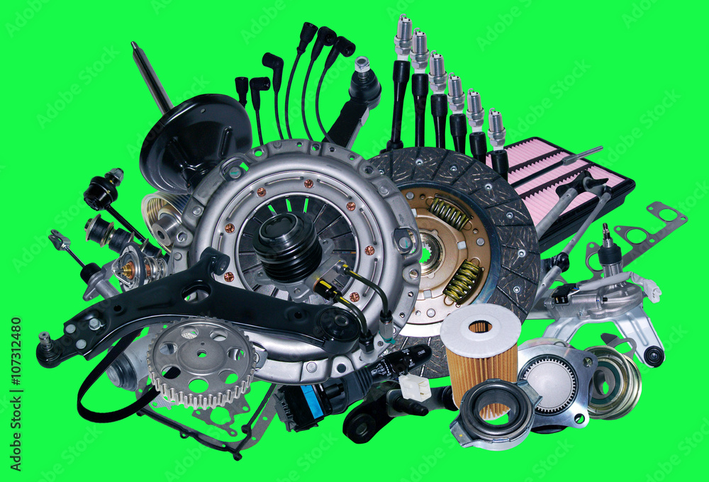 Many new spare parts for a car isolated on green screen, chroma key Many new spare parts for a car isolated on green screen, chroma key