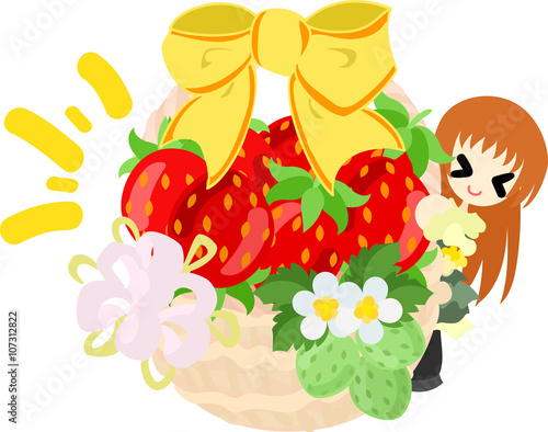 A basket filled strawberries and a smiling girl