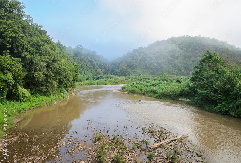 Morning view of a calm river in rainforest mountain, Thailand Morning view of a calm river in rainforest mountain, Thailand
