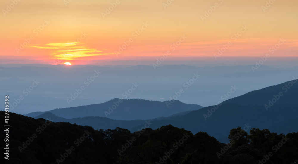 Stunning view of sunrise with mountain ranges