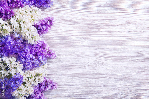 Lilac Flower on Wood Background, Blooms Pink Flowers Left Side