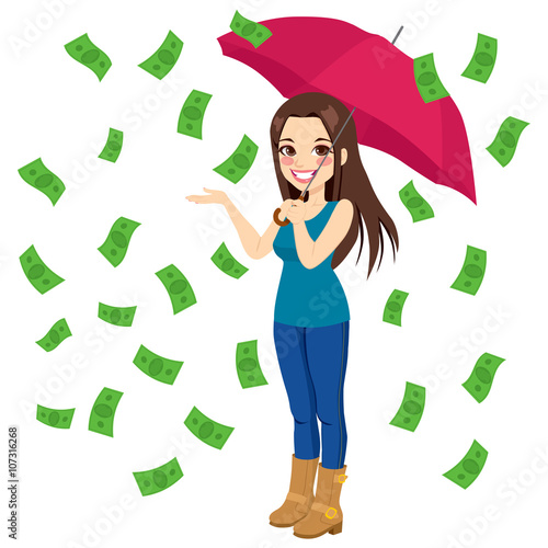 Beautiful brunette woman holding big umbrella happy seeing raining money bills