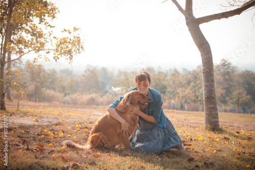 Golden retriever dog and Beautiful woman © wittybear