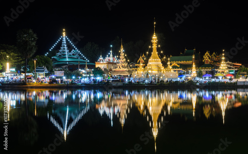 Night view of Burmese style temples in Mae Hong Son, Thailand