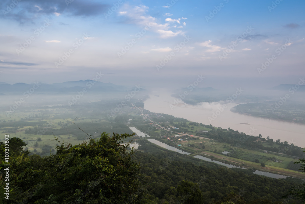 Aerial view of Mekong river landscape at twilight in Thailand