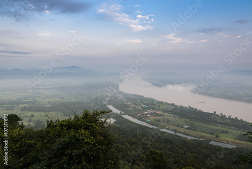 Aerial view of Mekong river landscape at twilight in Thailand