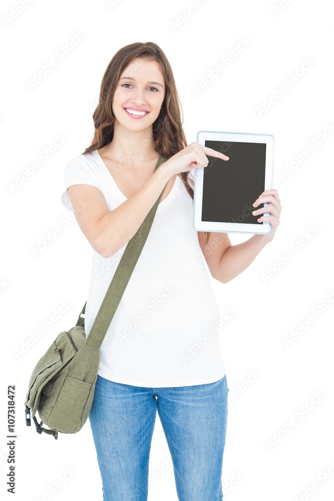 Portrait of happy female college student showing digital tablet Portrait of happy female college student showing digital tablet