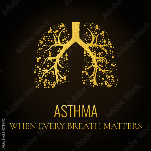 World Asthma Day. Asthma awareness poster with lungs filled with gold air bubbles on dark background. Bronchial asthma symbol. National asthma day. Asthma solidarity day.  Medical concept. Quote.