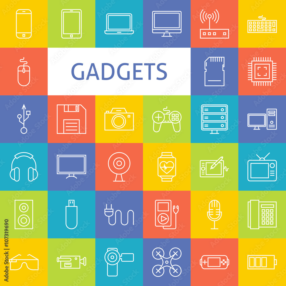 Vector Line Art Electronic Gadgets Icons Set Vector Line Art Electronic Gadgets Icons Set