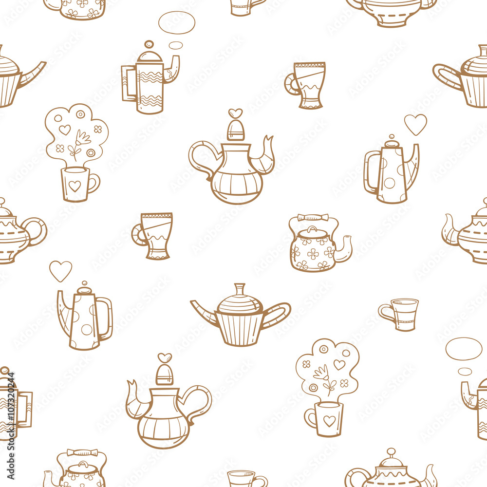 Seamless pattern with cartoon teapot and cups on  white background. Various dishes and healthy herbal tea. Vector image.