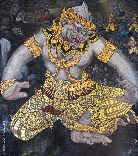 Photography Traditional Thai paintings of Ramayana epic at Wat Phra Kaew in Bangkok, Thailan