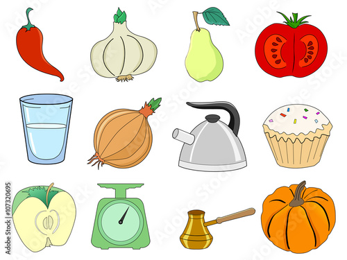set of kitchen and food related illustrations