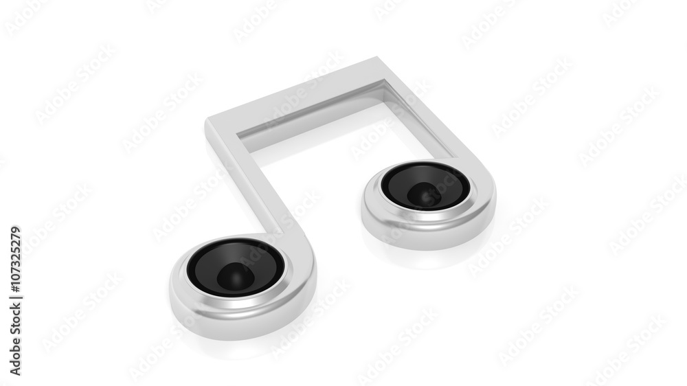 3D rendering of musical note with speakers, isolated on white. Conceptual. 3D rendering of musical note with speakers, isolated on white. Conceptual.