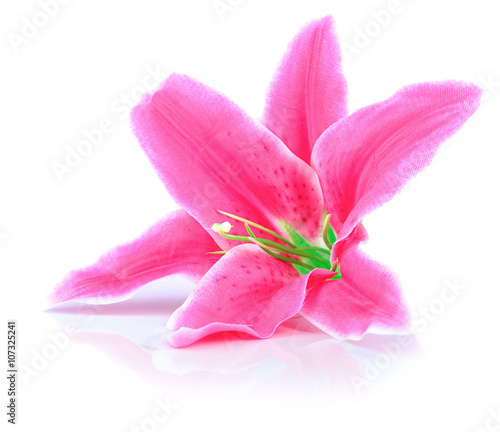 pink artificial lilly flower on the white background.
