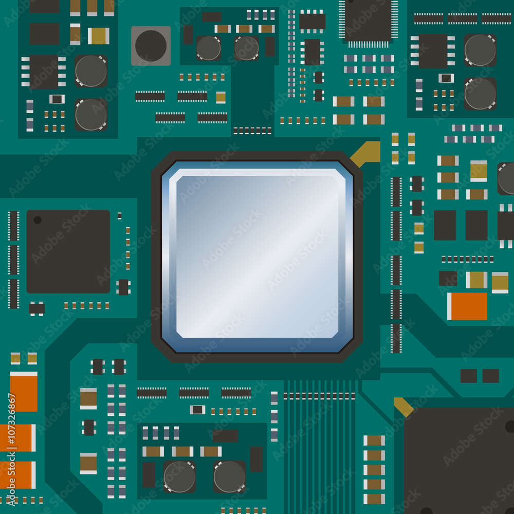 Fototapeta premium electric circuit board, various IC chips and electronic components, vector illustration