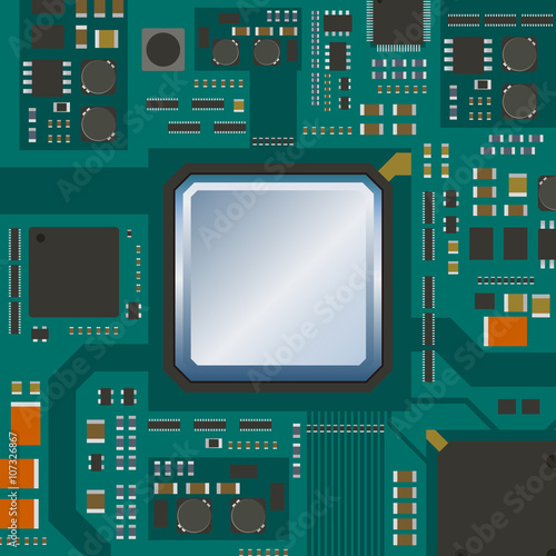 electric circuit board, various IC chips and electronic components, vector illustration