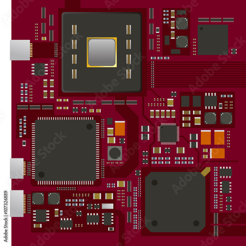 electric circuit board, various IC chips and electronic components, vector illustration