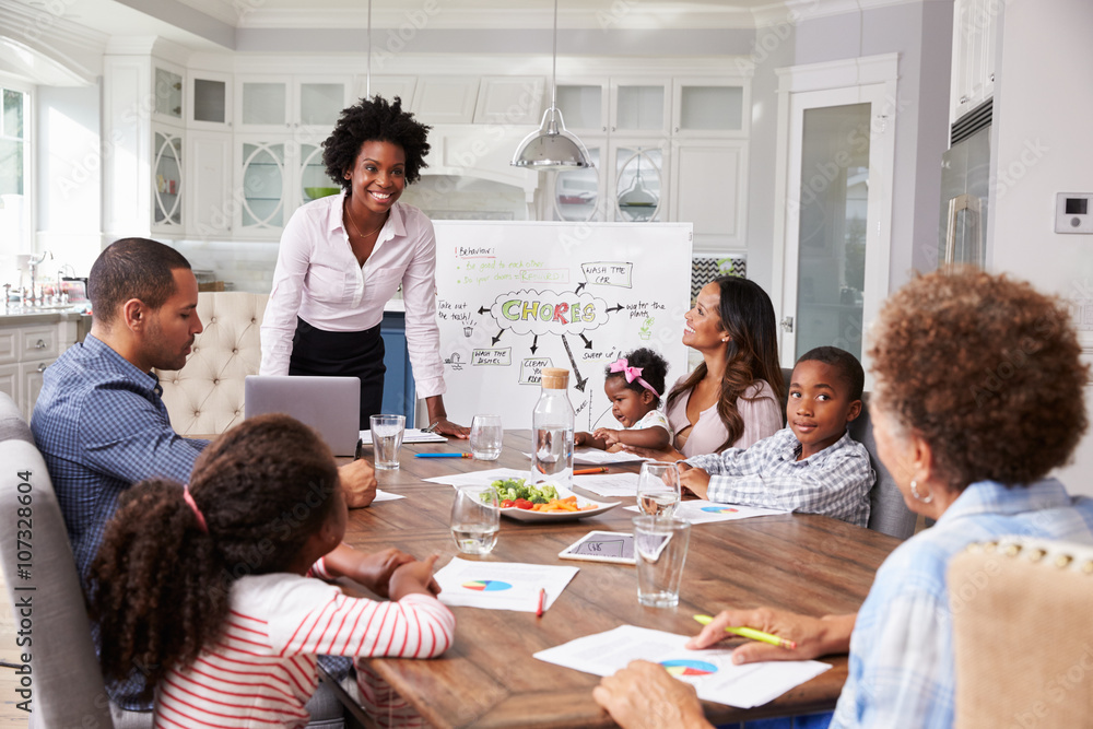 Businesswoman presents meeting to a family in their kitchen Businesswoman presents meeting to a family in their kitchen