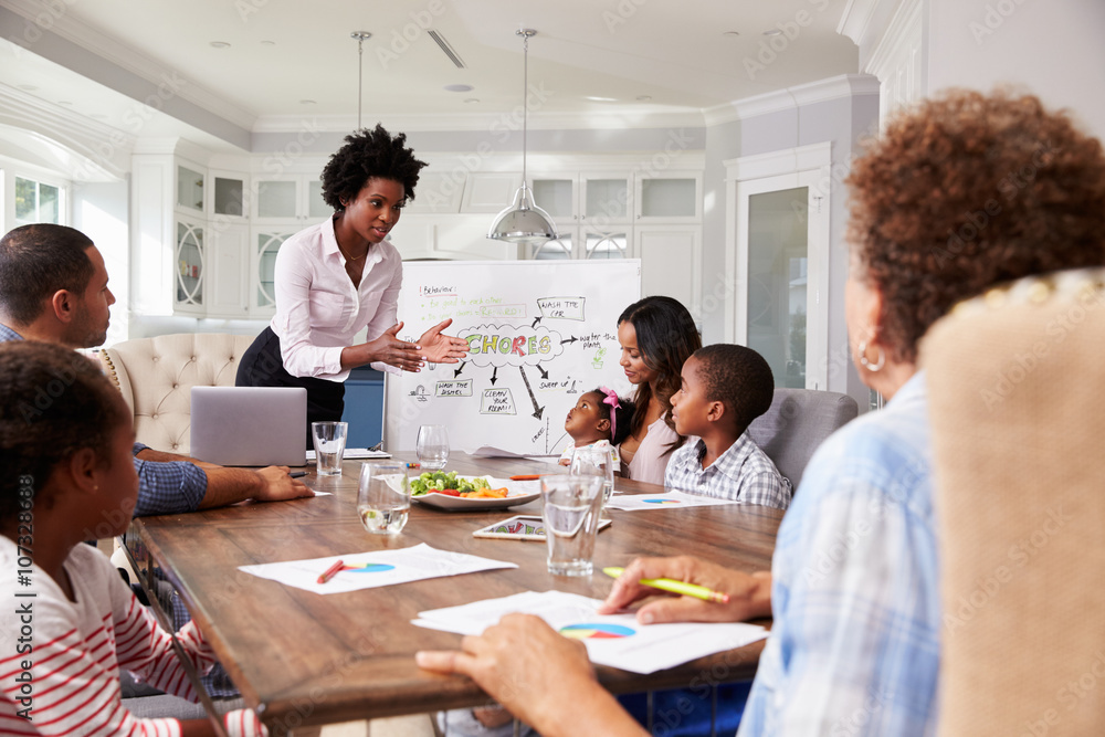 Businesswoman presents meeting to a family in their kitchen Businesswoman presents meeting to a family in their kitchen